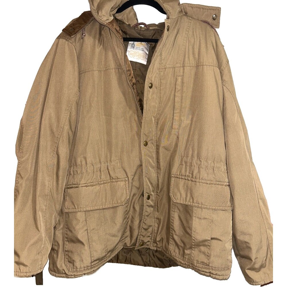 London Fog Men’s Vintage Puffer Parka size 46 Tan Hooded Waterproof Old Money